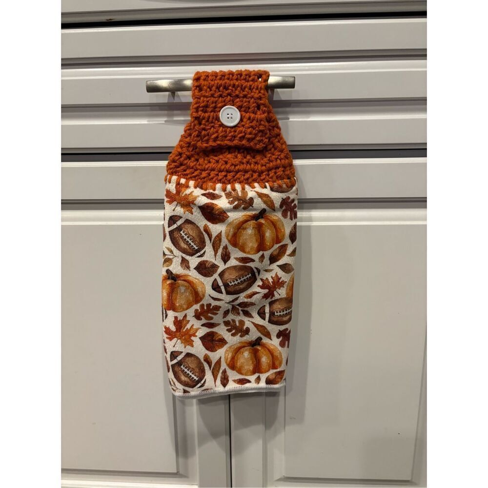 Crochet Top Kitchen Towel-Footballs and pumpkins